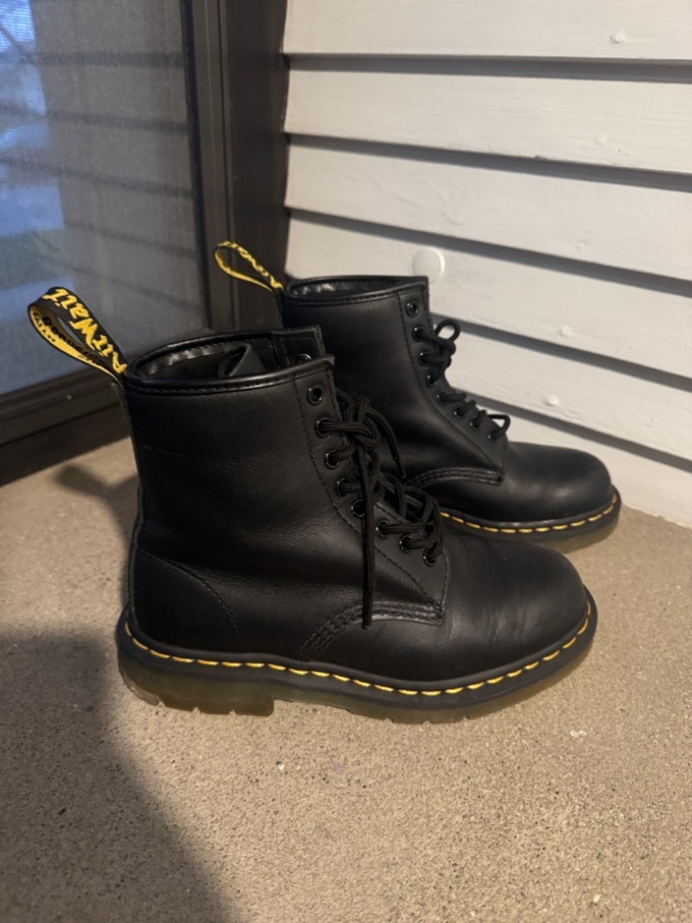 Dr. Martens Black Leather Boots with Yellow Heel Loop
